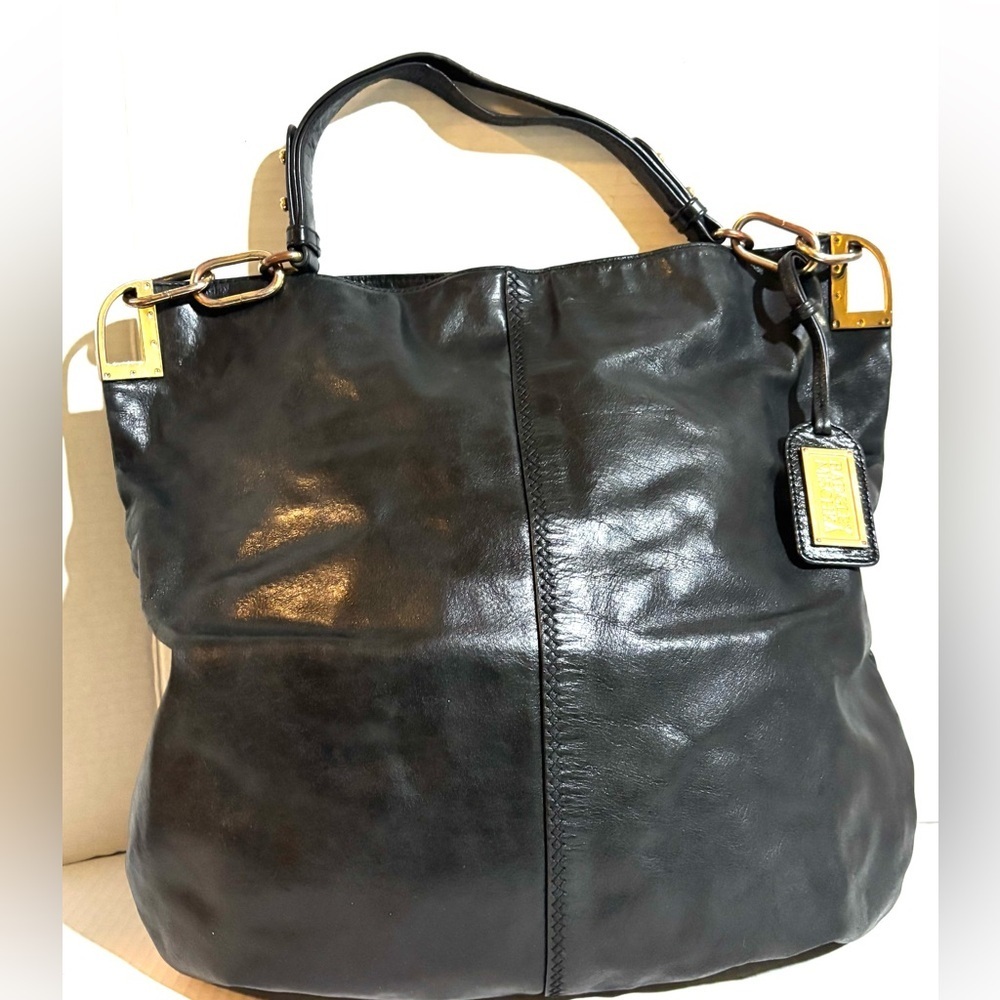 Black Leather Tote Bag with Gold Hardware - Designer Style
